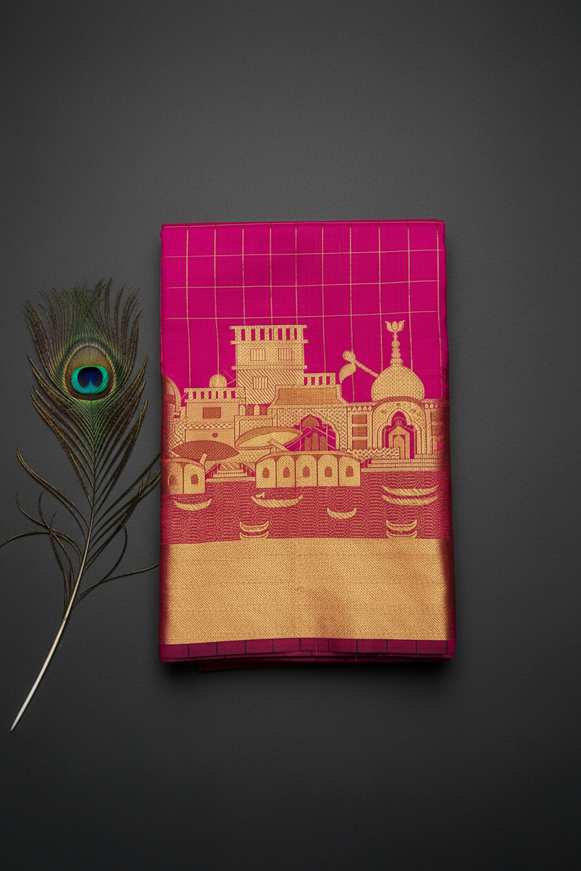Banarasi Ganga Ghat Saree with elegant checks .vibrant colors.