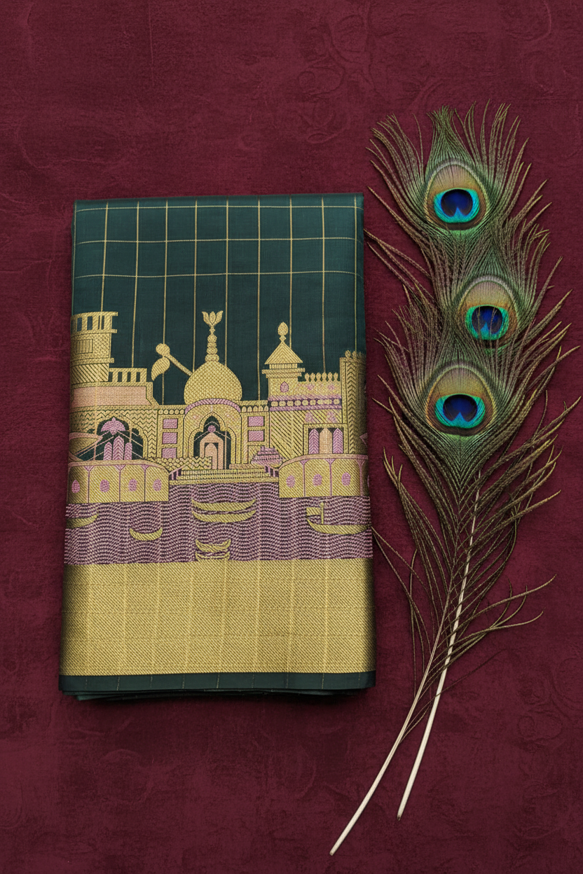 Banarasi Ganga Ghat Saree with elegant checks .vibrant colors.