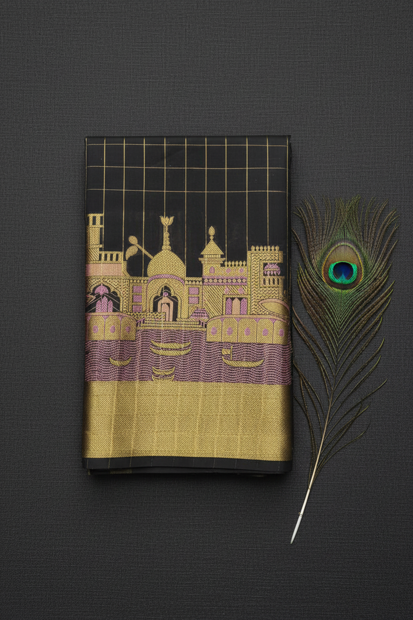 Banarasi Ganga Ghat Saree with elegant checks .vibrant colors.