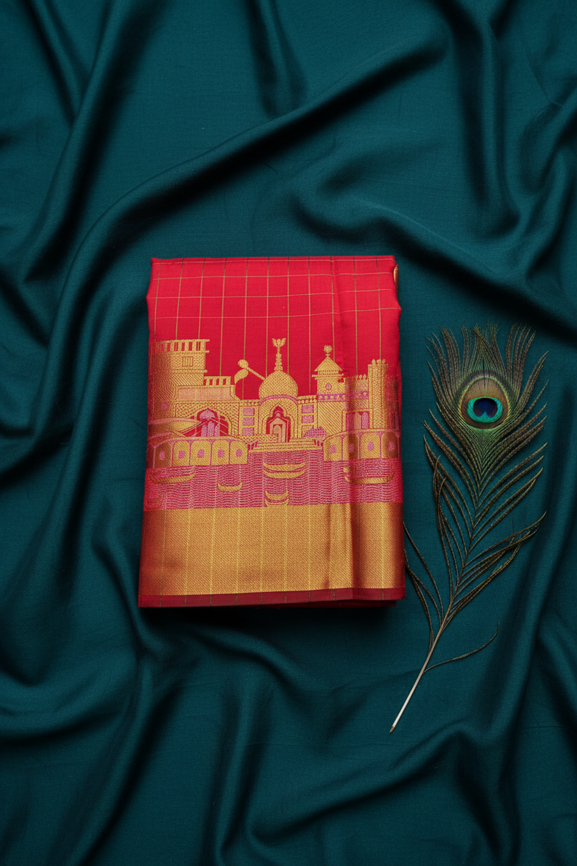 Banarasi Ganga Ghat Saree with elegant checks .vibrant colors.