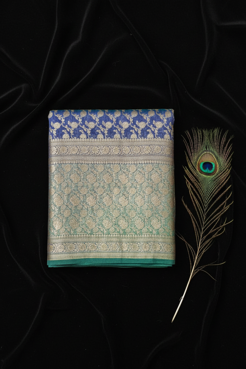 Pure khaddi georgette  jaal pattern multishaded pure benarasi saree.