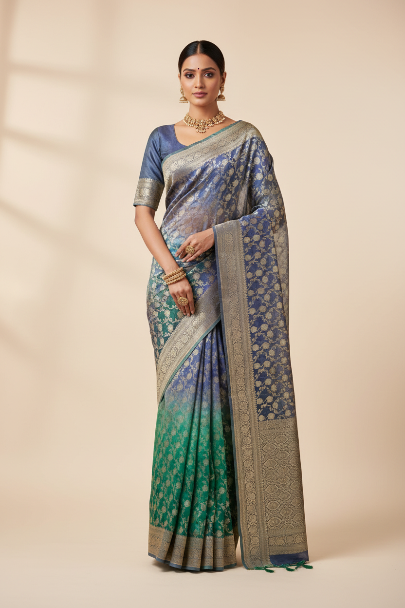Pure khaddi georgette  jaal pattern multishaded pure benarasi saree.
