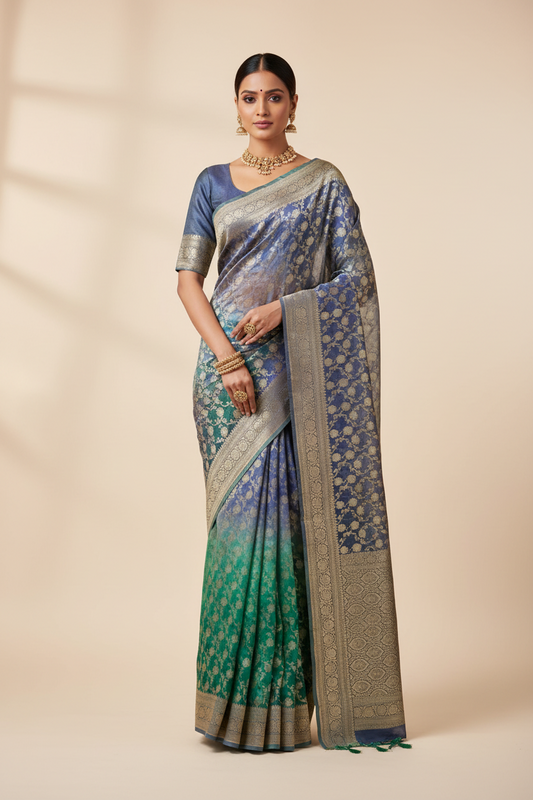 Pure khaddi georgette  jaal pattern multishaded pure benarasi saree.