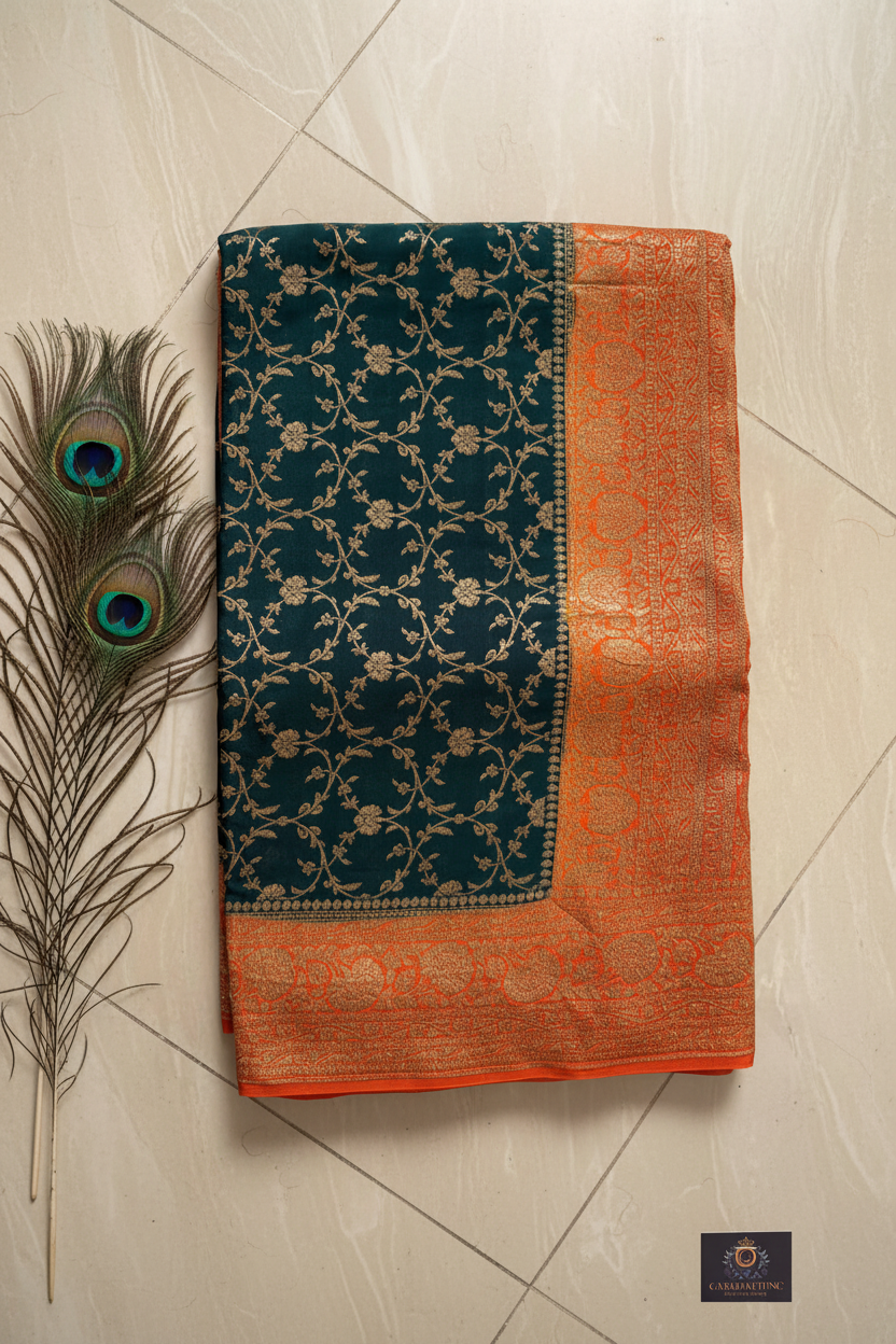 Pure Crepe Silk red and purple combination jaal pattern pure benarasi saree. Double zari work.