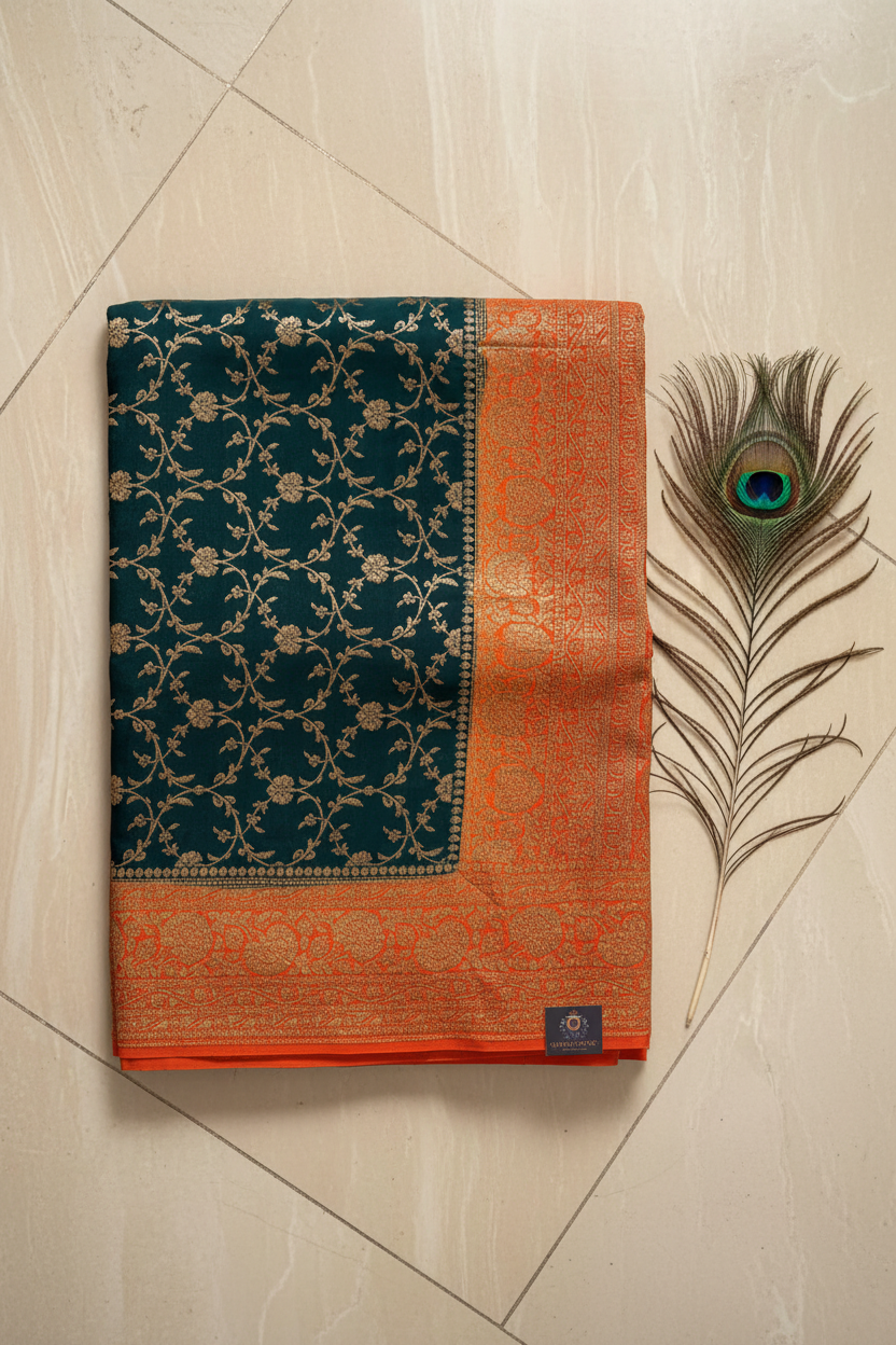 Pure Crepe Silk red and purple combination jaal pattern pure benarasi saree. Double zari work.