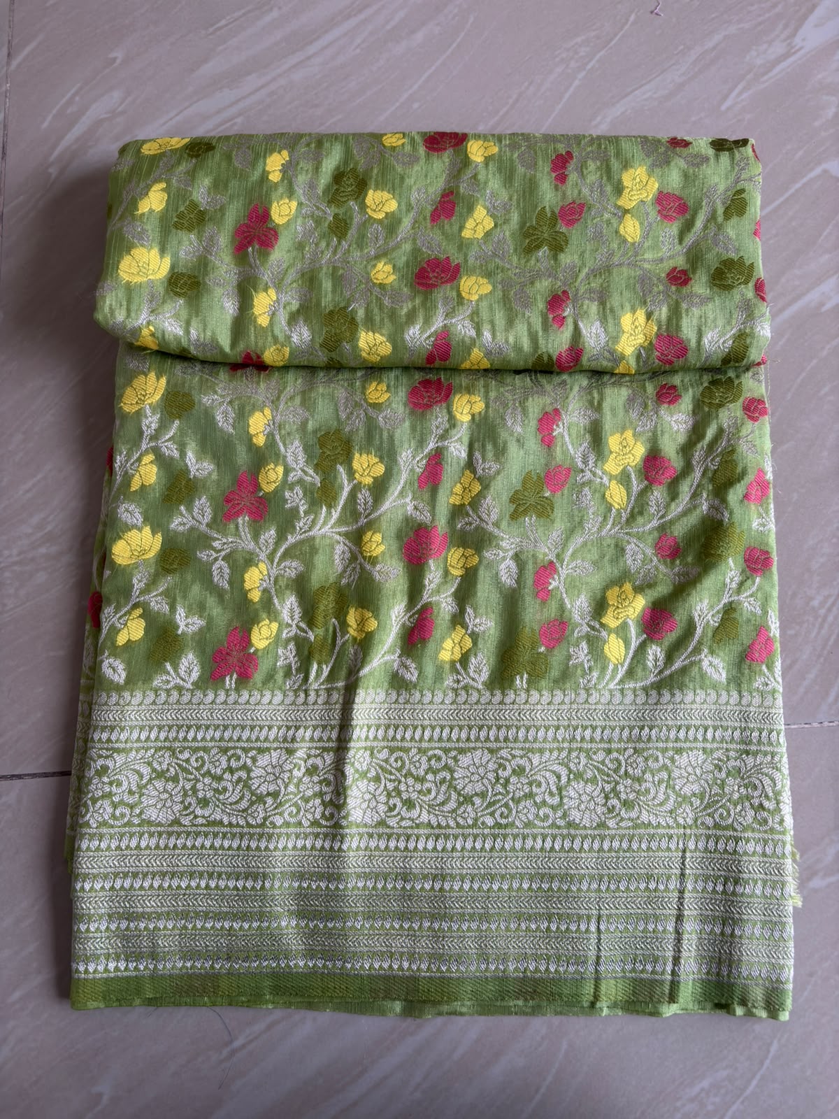 Linen Silk Golden Zari Work Saree.  Jaal Pattern