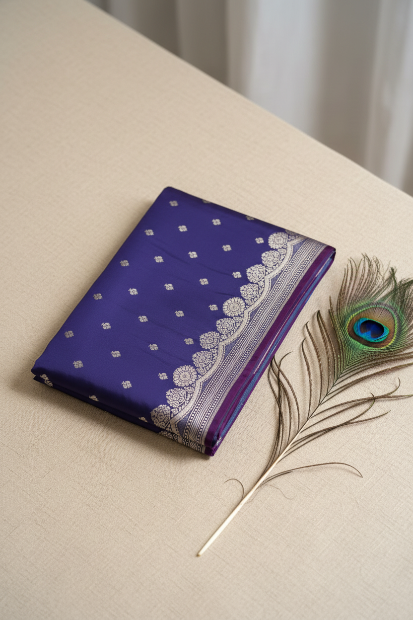 Royal blue katan banarasi saree with silver zari work.