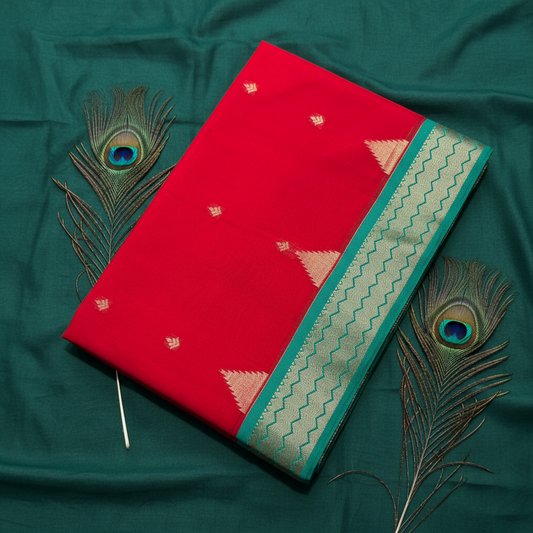 Maheshwari saree with golden zari work and golden motifs.