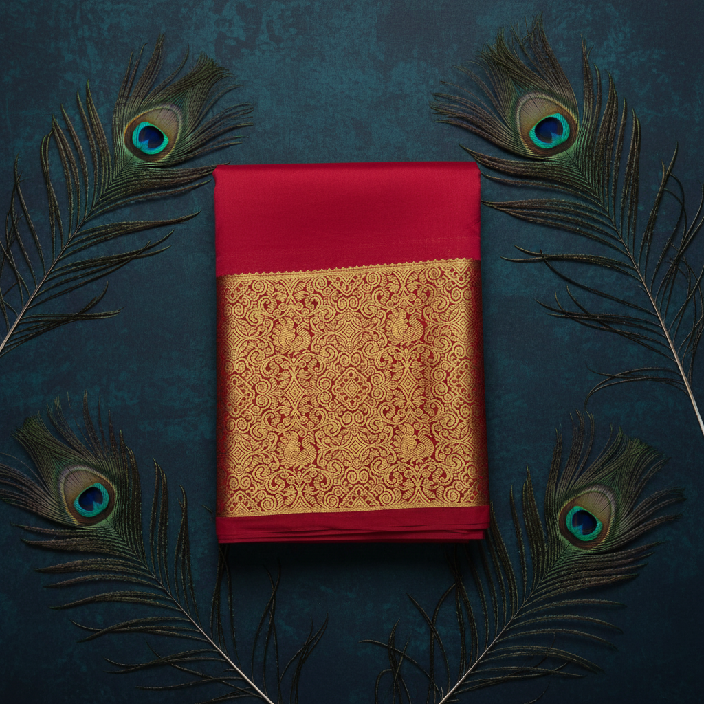 Strawbery red  color saree with golden zari work border and golden zari work pallu.