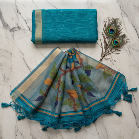 Cotton saree with sequence work and tissue pallu  . khadi cotton texture.