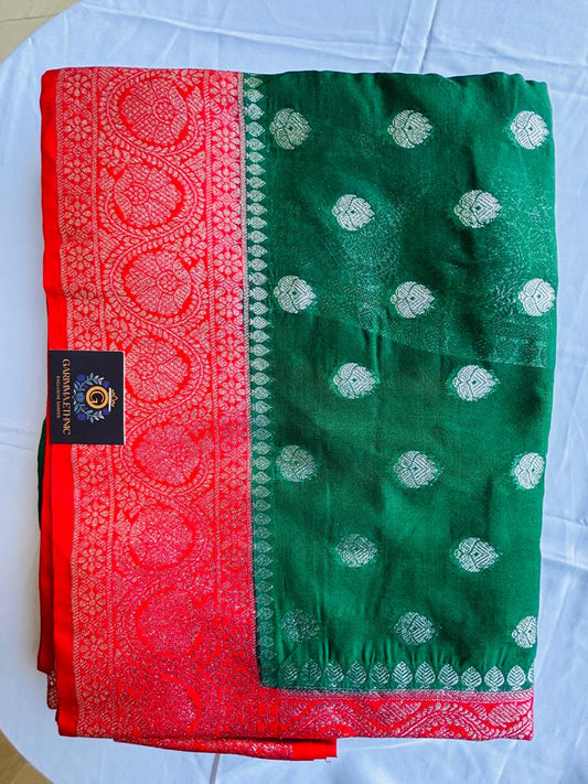 Dark bottle green and dark red very elegant combination in mercerise silk banarsi silver zari work