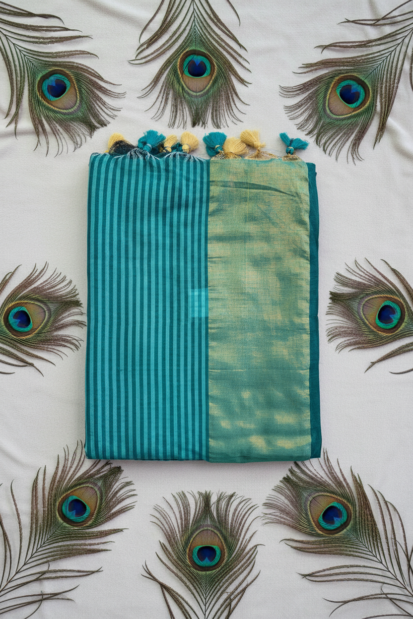 "Elegant Linen Cotton Saree featuring a rich golden zari patta border, beautifully finished with tassels on the pallu, available in vibrant colours."