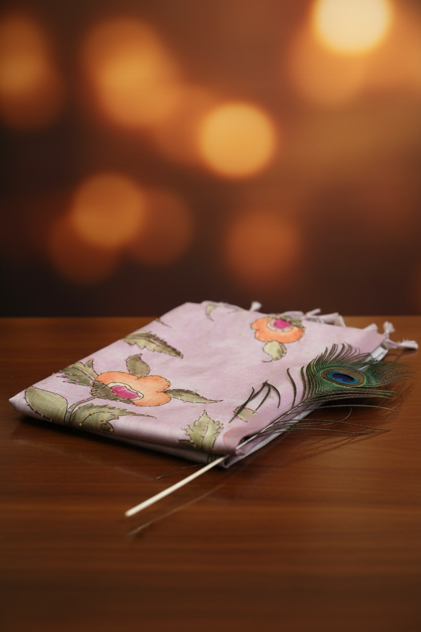 Elegant silk saree with beautiful leaf and floral motifs, enhanced with intricate knot work and sequin detailing.