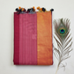 "Elegant Linen Cotton Saree featuring a rich golden zari patta border, beautifully finished with tassels on the pallu, available in vibrant colours."