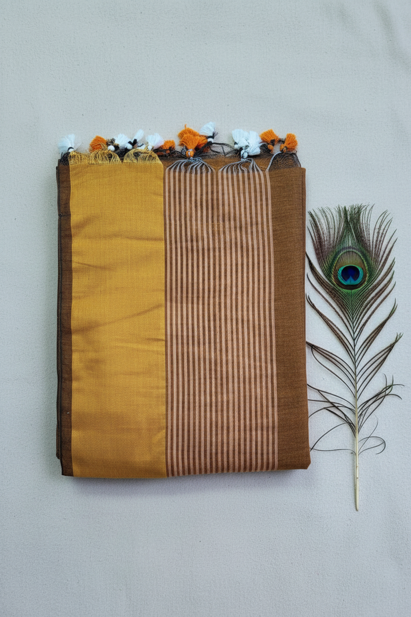 "Elegant Linen Cotton Saree featuring a rich golden zari patta border, beautifully finished with tassels on the pallu, available in vibrant colours."