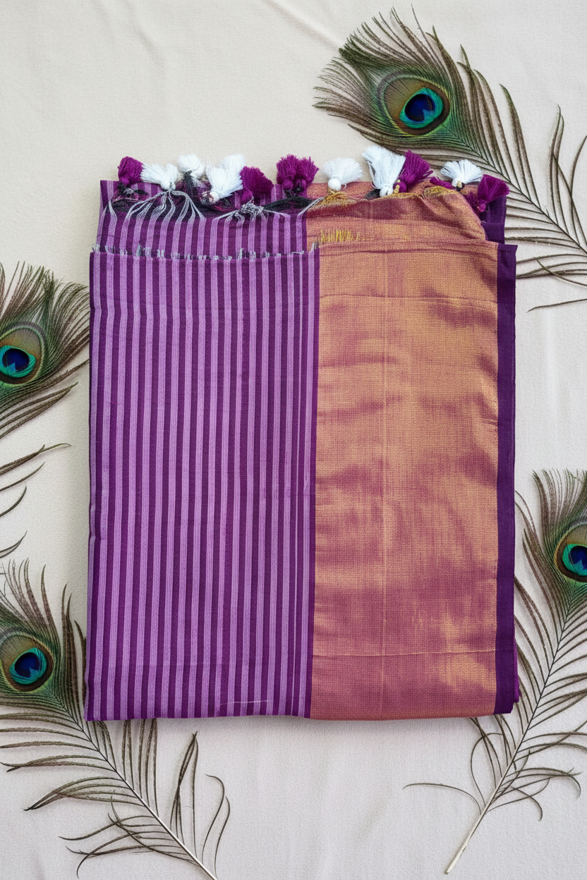"Elegant Linen Cotton Saree featuring a rich golden zari patta border, beautifully finished with tassels on the pallu, available in vibrant colours."