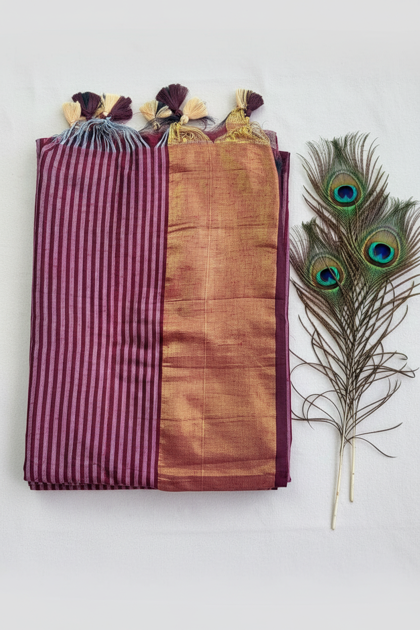 "Elegant Linen Cotton Saree featuring a rich golden zari patta border, beautifully finished with tassels on the pallu, available in vibrant colours."