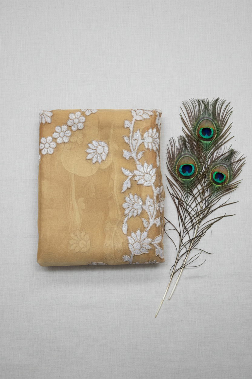 Tissue applique work saree. Beautiful Applique work and cut work all over the border.