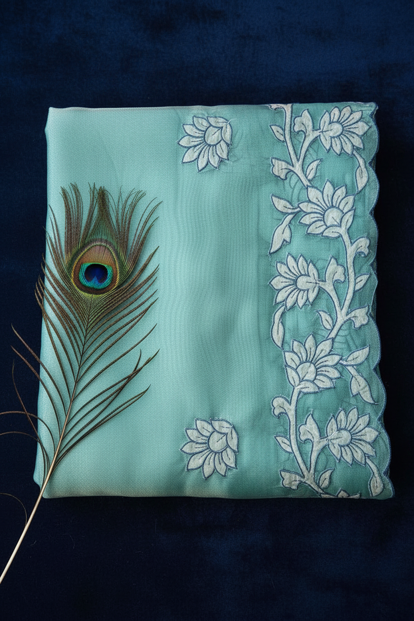 Tissue applique work saree. Beautiful Applique work and cut work all over the border.