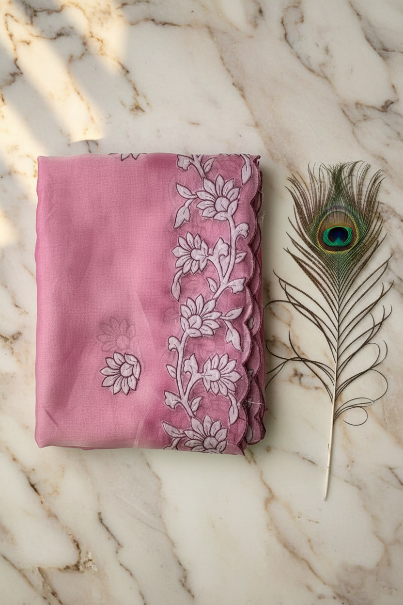 Tissue applique work saree. Beautiful Applique work and cut work all over the border.