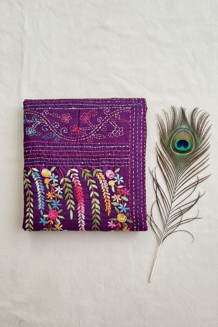 Kolkata Special Katha Work Saree.  All over beautiful embroidery. Knot Work . All  Hand Work.
