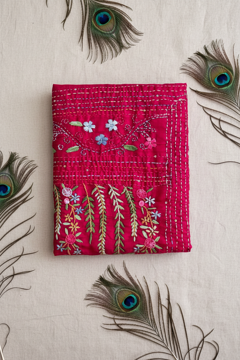 Kolkata Special Katha Work Saree.  All over beautiful embroidery. Knot Work . All  Hand Work.