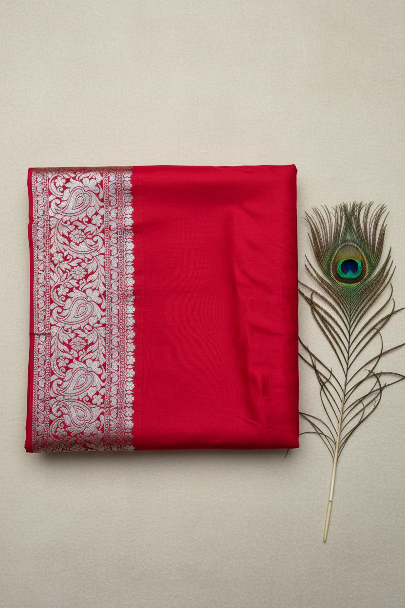Beautiful vibrant Dola Silk saree featuring an elegant golden zari border and a richly woven golden zari pallu, paired with a stunning contrast blouse for a timeless look.