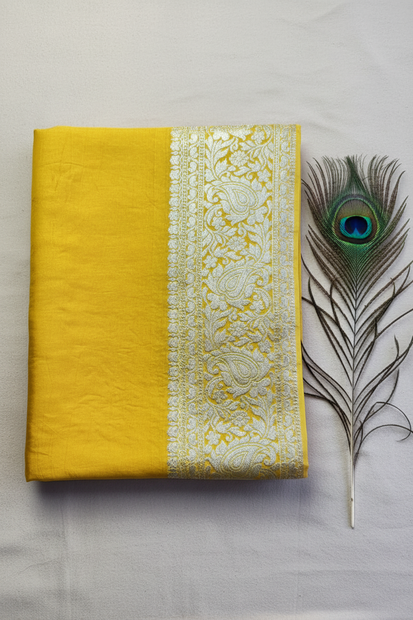 Beautiful vibrant Dola Silk saree featuring an elegant golden zari border and a richly woven golden zari pallu, paired with a stunning contrast blouse for a timeless look.