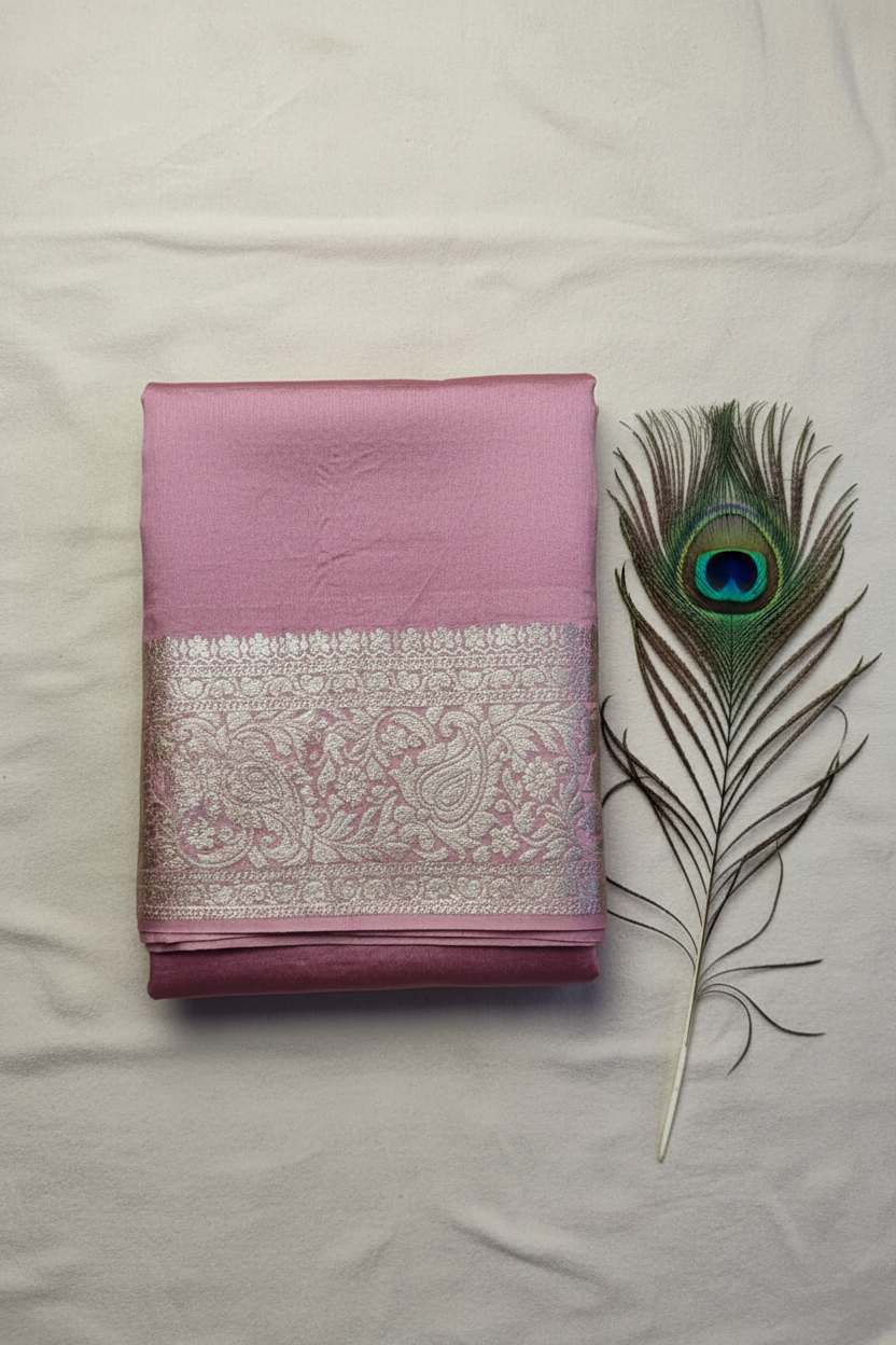 Beautiful vibrant Dola Silk saree featuring an elegant golden zari border and a richly woven golden zari pallu, paired with a stunning contrast blouse for a timeless look.