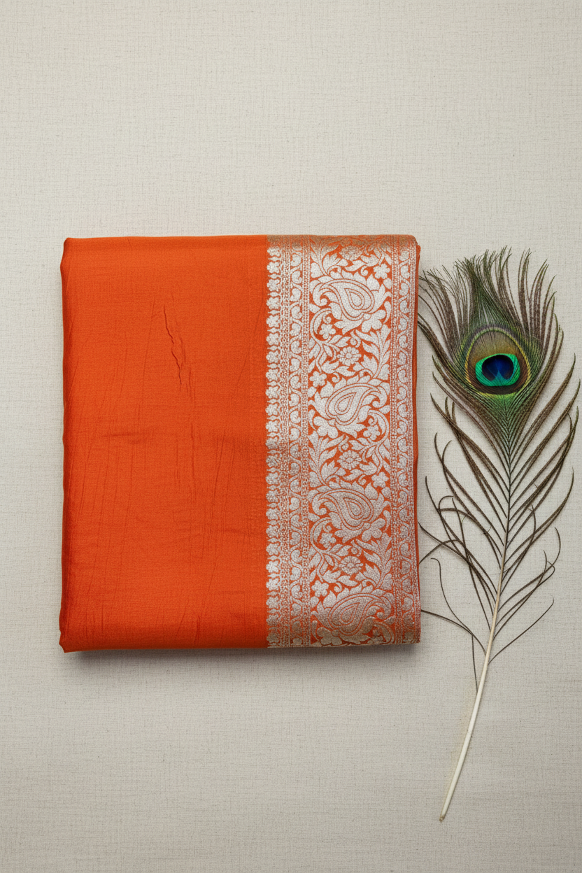 Beautiful vibrant Dola Silk saree featuring an elegant golden zari border and a richly woven golden zari pallu, paired with a stunning contrast blouse for a timeless look.