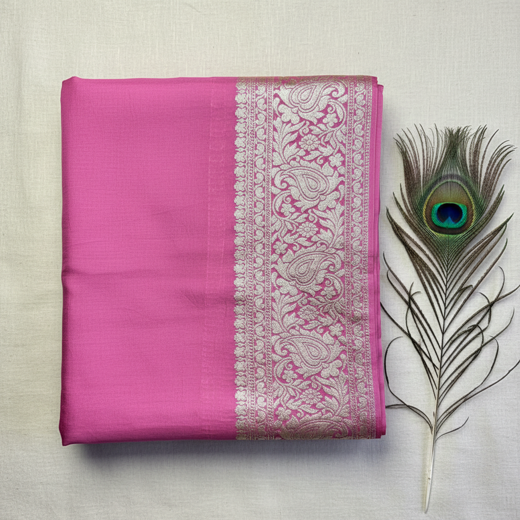 Beautiful vibrant Dola Silk saree featuring an elegant golden zari border and a richly woven golden zari pallu, paired with a stunning contrast blouse for a timeless look.