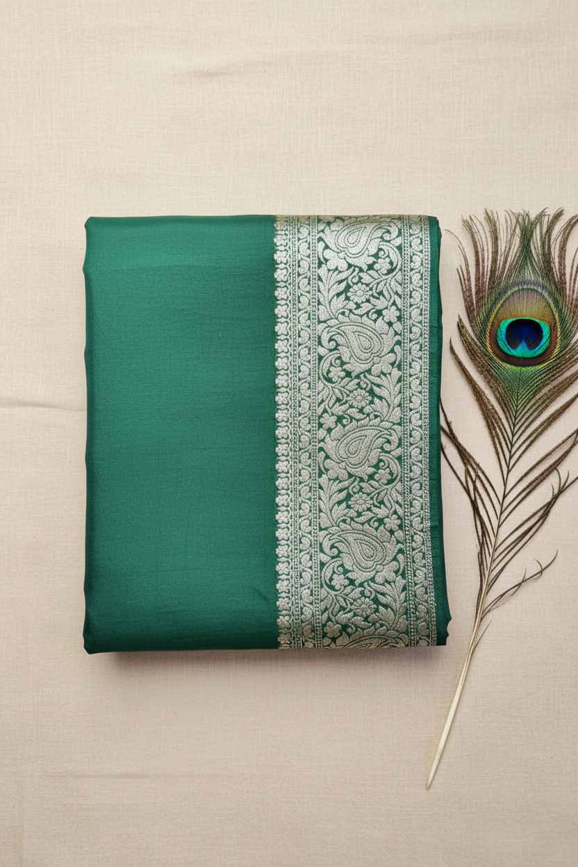 Beautiful vibrant Dola Silk saree featuring an elegant golden zari border and a richly woven golden zari pallu, paired with a stunning contrast blouse for a timeless look.