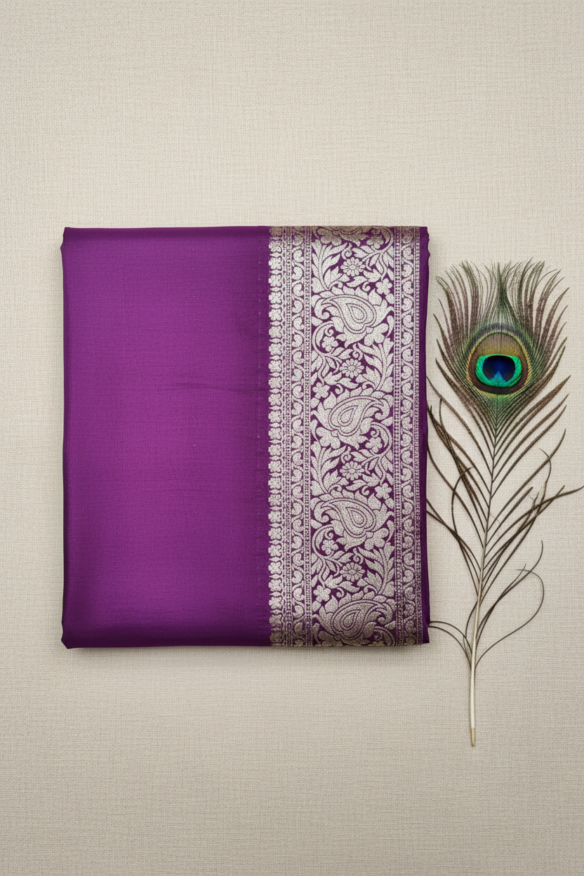 Beautiful vibrant Dola Silk saree featuring an elegant golden zari border and a richly woven golden zari pallu, paired with a stunning contrast blouse for a timeless look.