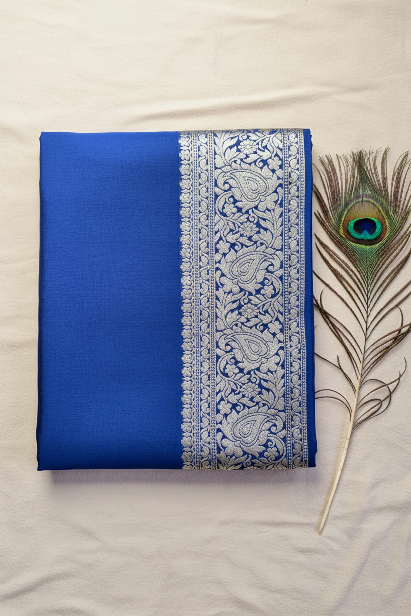 Beautiful vibrant Dola Silk saree featuring an elegant golden zari border and a richly woven golden zari pallu, paired with a stunning contrast blouse for a timeless look.