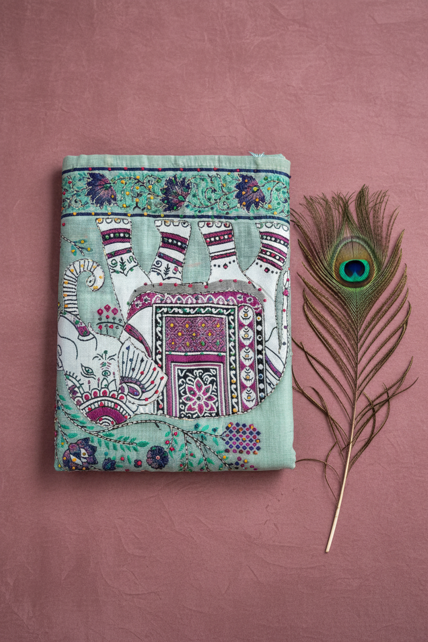 Linen Cotton Saree With Elephant Patch Work Hand Woven. Knot Work And Kantha Work With Golden Zari Work