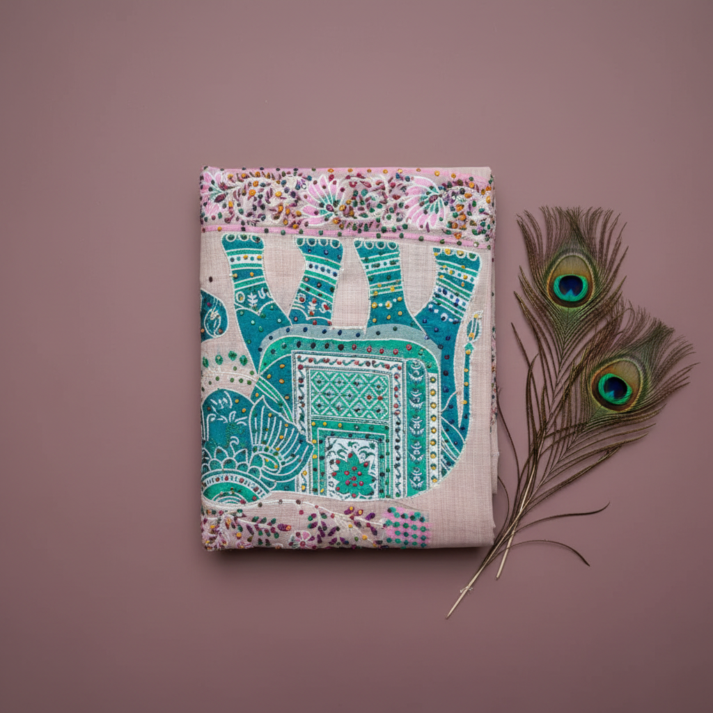 Linen Cotton Saree With Elephant Patch Work Hand Woven. Knot Work And Kantha Work With Golden Zari Work