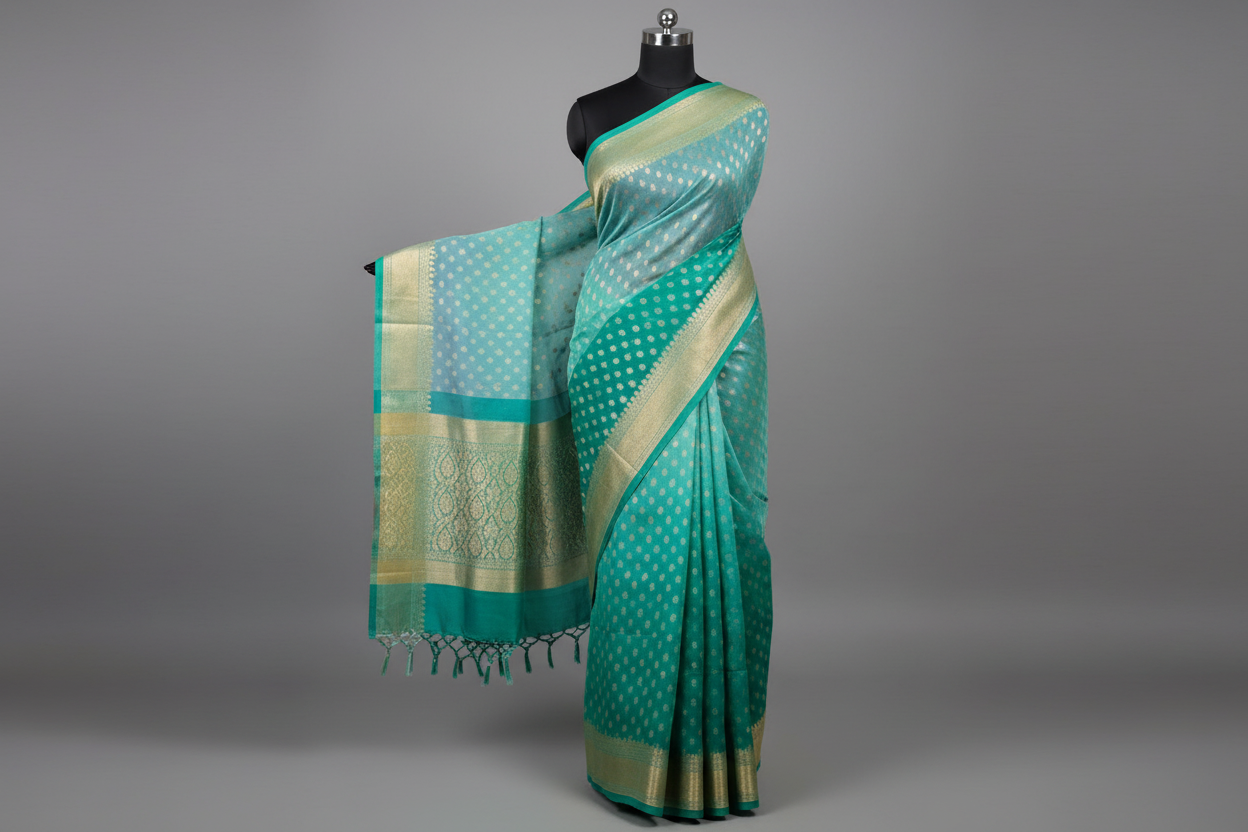 pure khaddi goergette multi shaded pure banarasi silk saree with golden zari and goledn motifs.