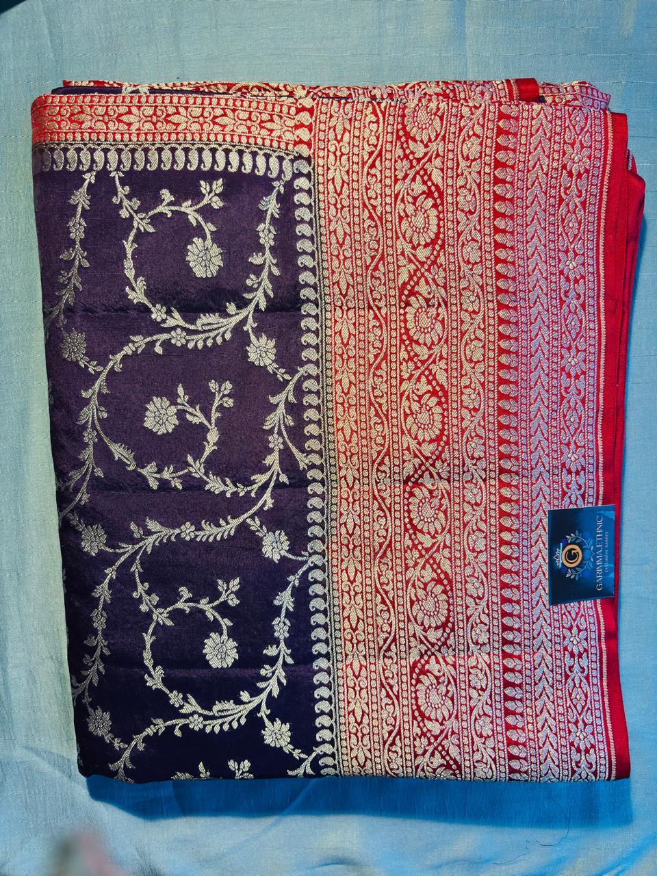 pure khaddi goergette red and purple combination jaal pattern pure benarasi saree.
