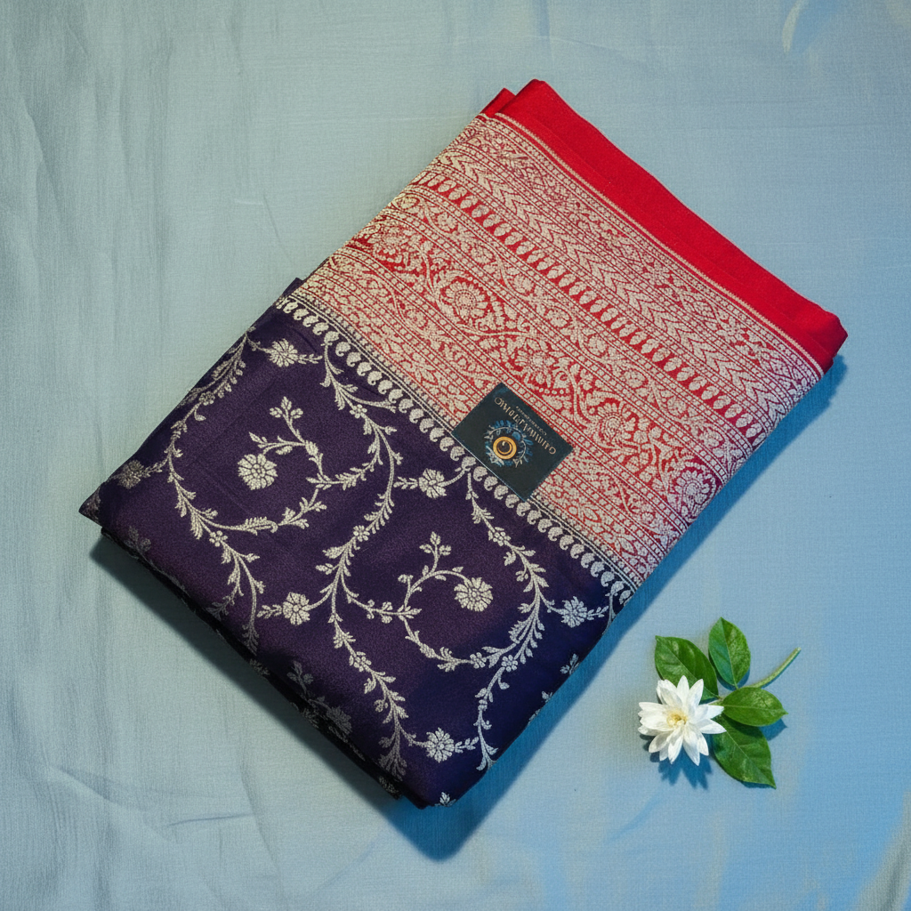 Pure khaddi goergette  banarasi saree. Royal purple jaal pattern premium saree