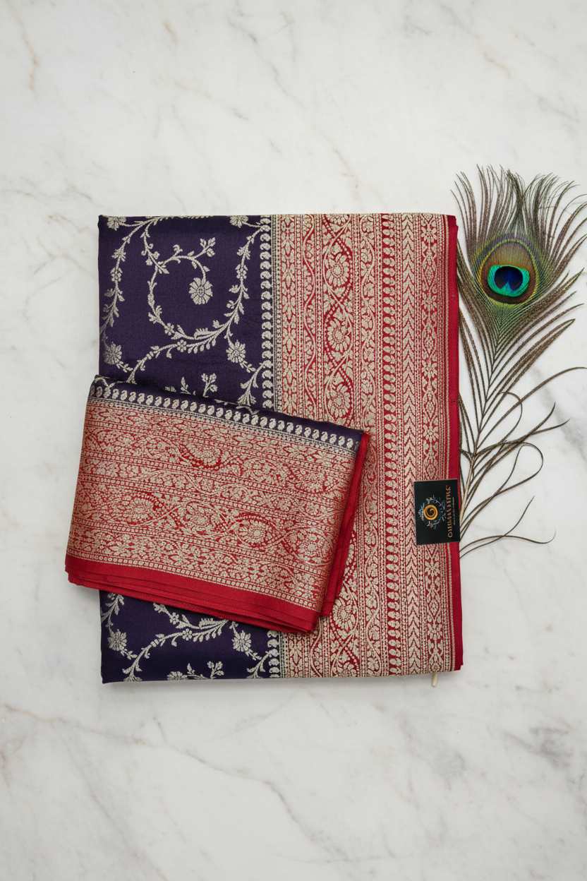 Pure Crepe Silk red and purple combination jaal pattern pure benarasi saree. Double zari work.