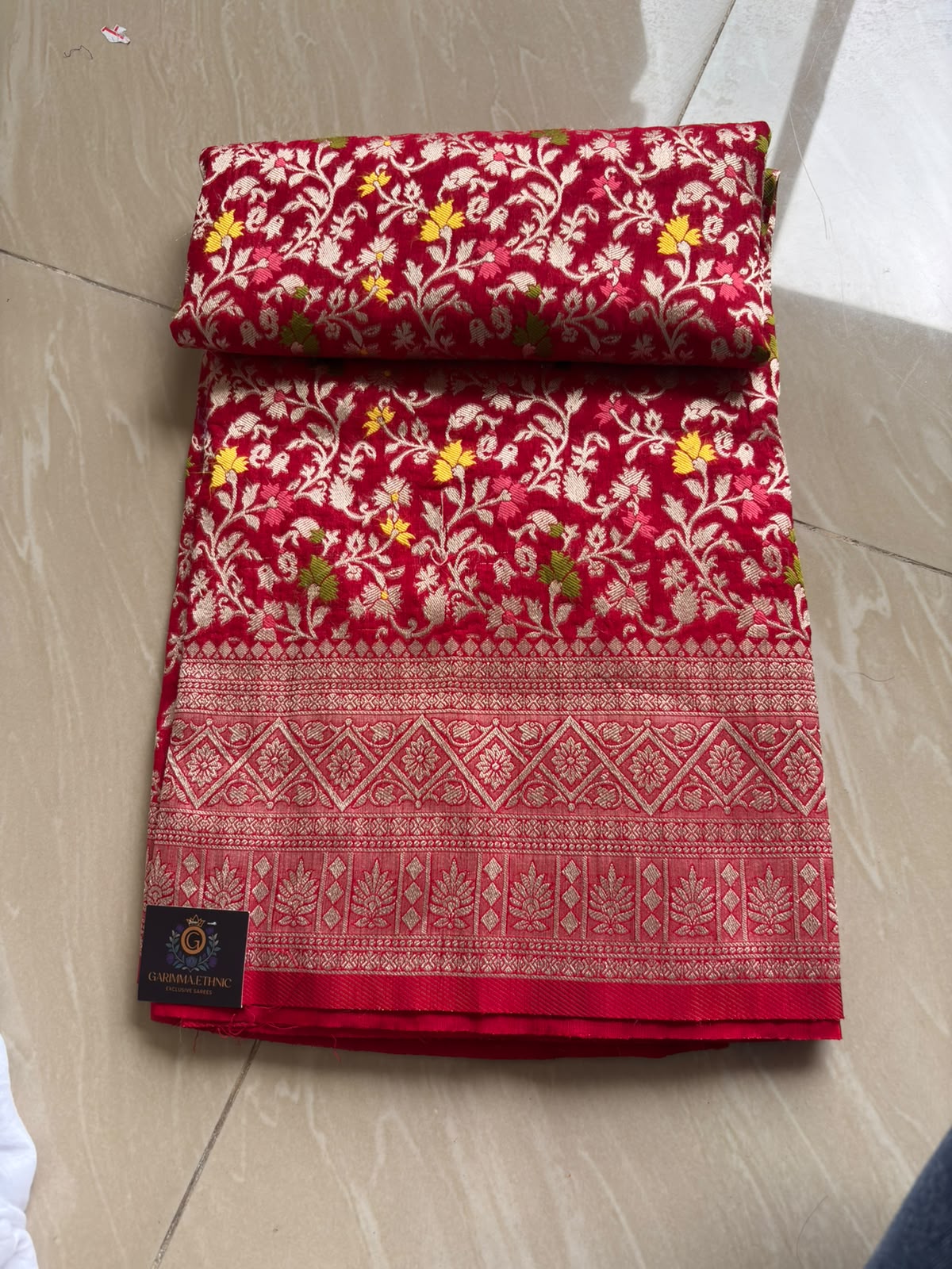 Linen Silk Golden Zari Work Saree.  Jaal Pattern