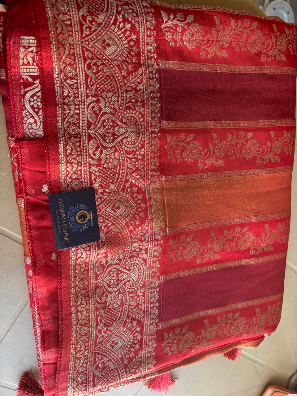 tissue and mushroo silk rangkat orange and red color pure banarasi saree