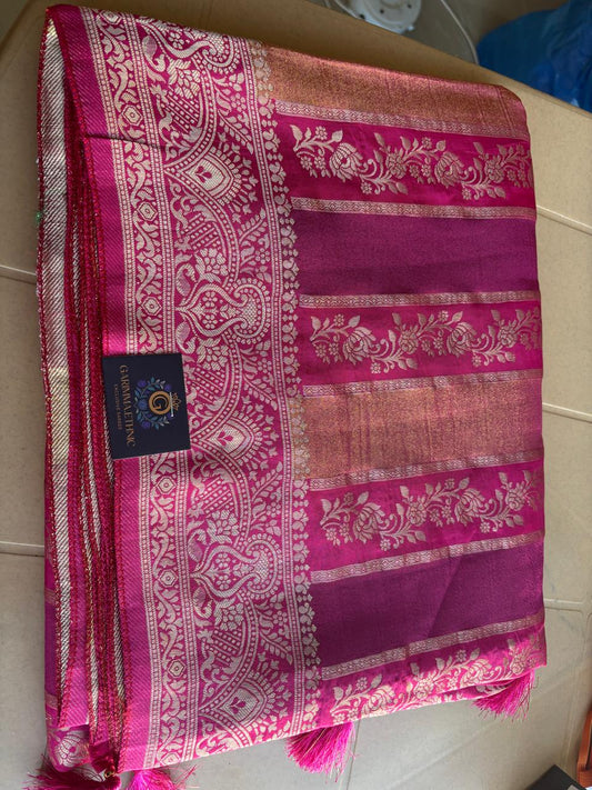 dark rani pink and purple , tisssue and mushroo silk rangkat pure banarasi saree