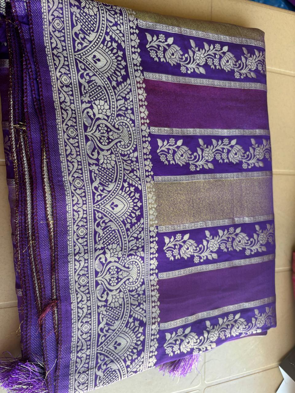 beautiful purple and royal blue tissue and mushroo silk rangkat  pure banarasi saree