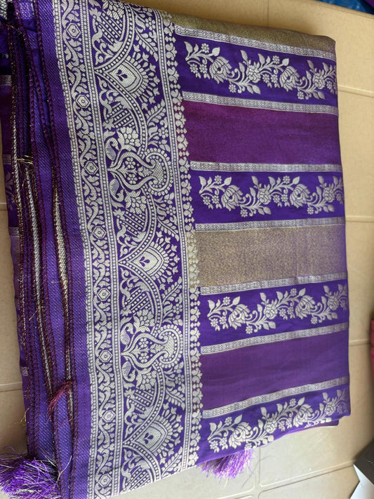 beautiful purple and royal blue tissue and mushroo silk rangkat  pure banarasi saree