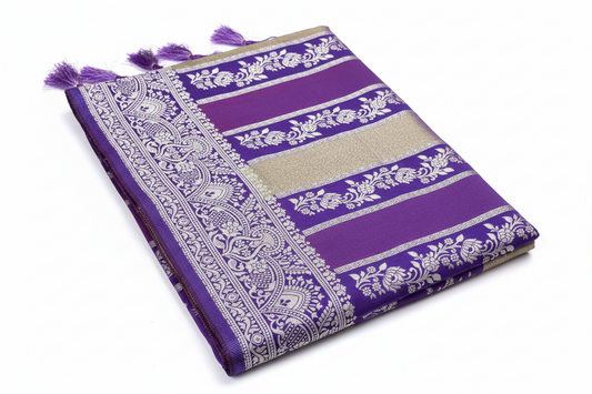 Beautiful purple and royal blue tissue and mushroo silk rangkat  pure banarasi saree