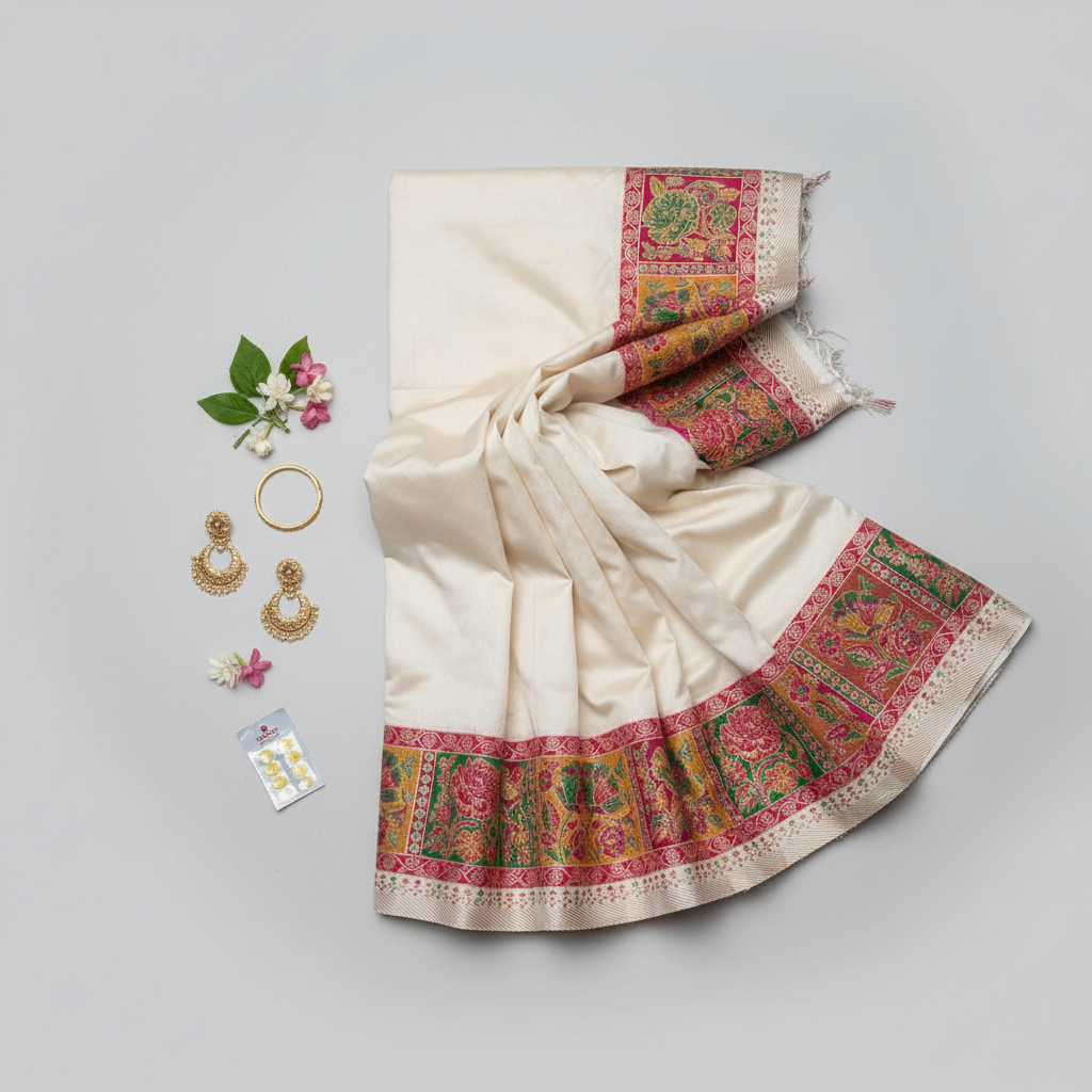 pearl white munga silk saree with pasmina zari work banarasi saree