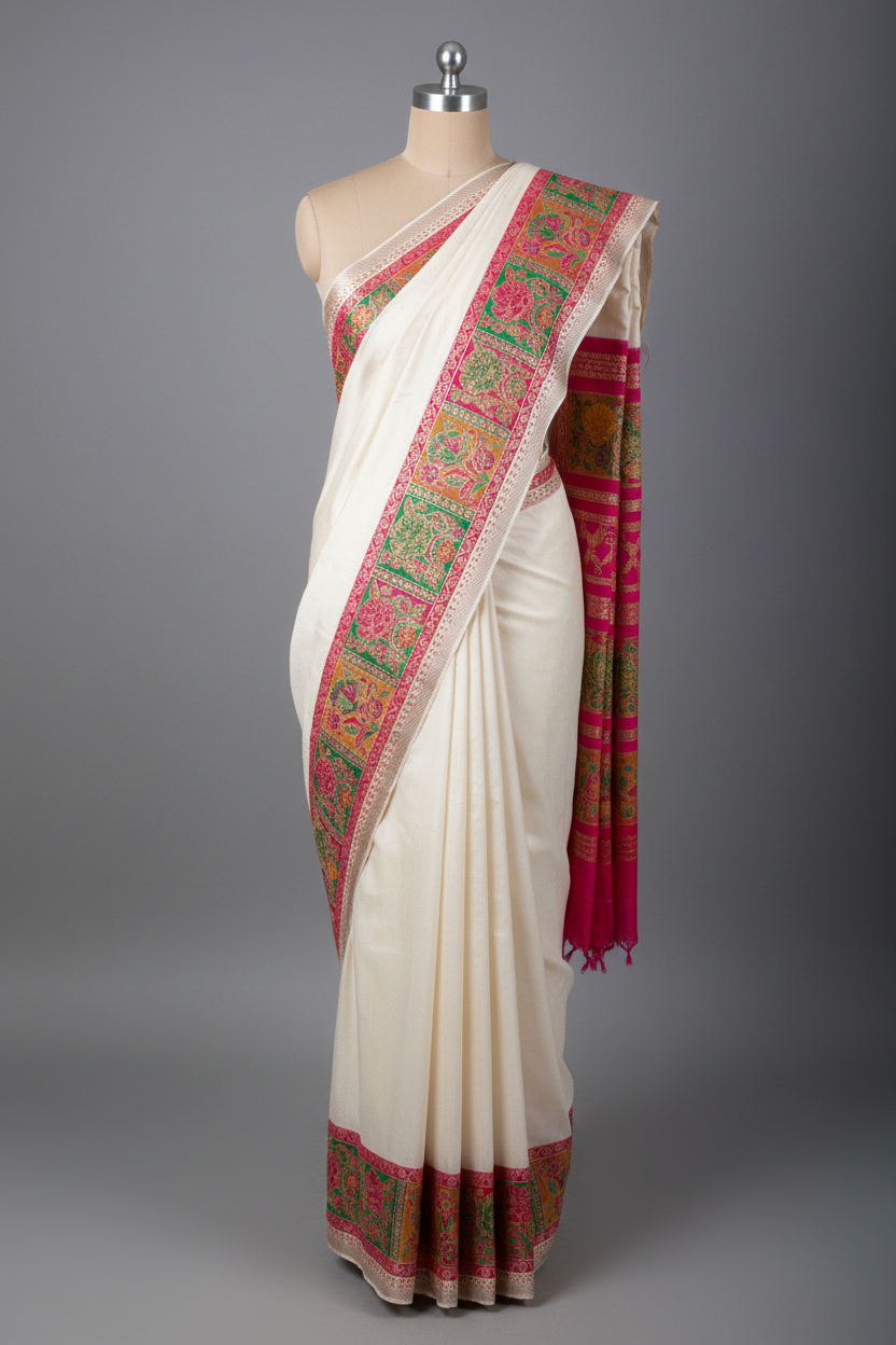 Pearl white munga silk saree with pasmina zari work banarasi saree