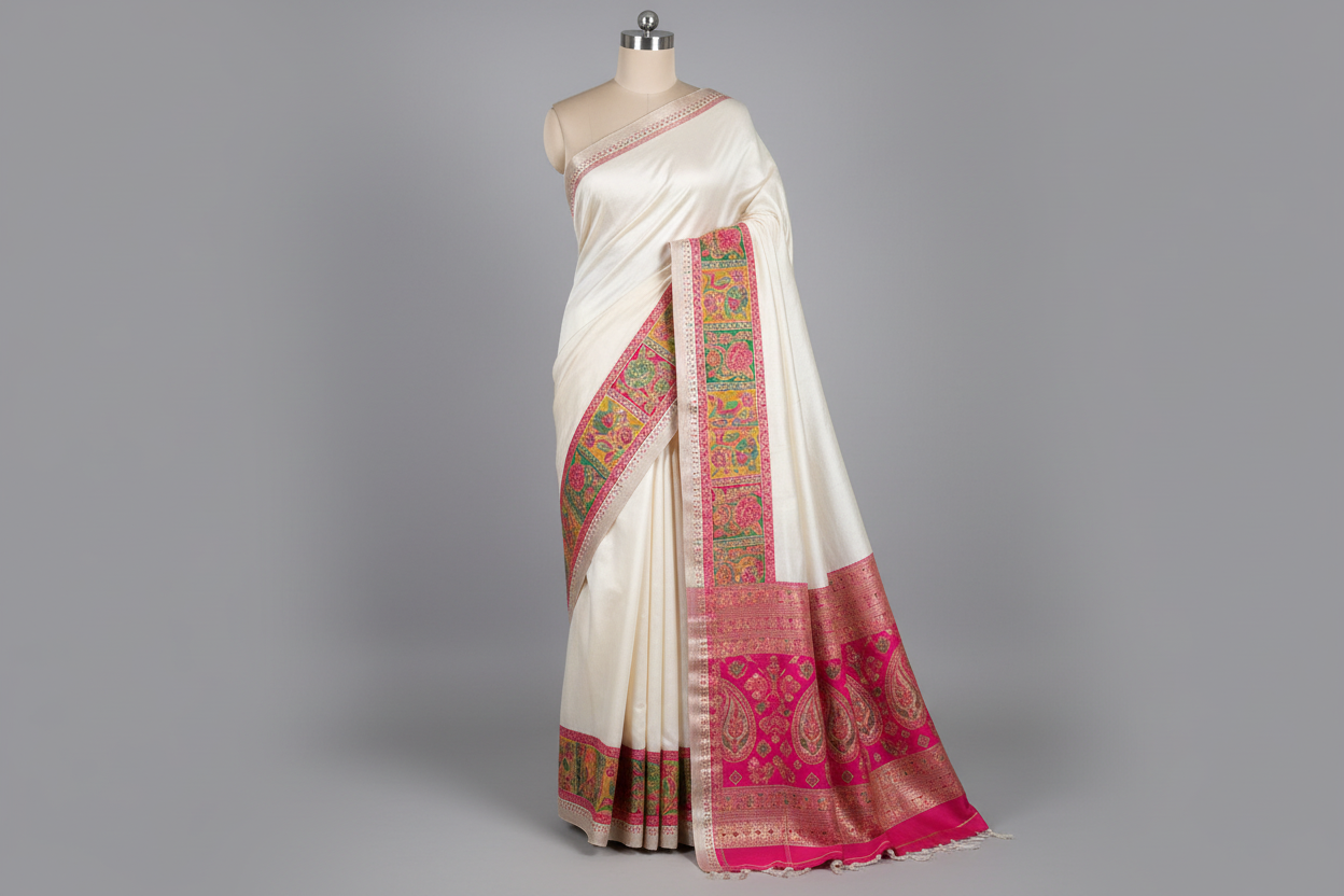 pearl white munga silk saree with pasmina zari work banarasi saree