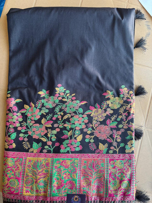 black color munga silk saree with pashmina design zari work